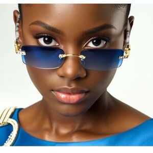 Rimless Sunglasses Blue Lens Gold Fashion Eyewear Women Street Wear Trendy Gafas
